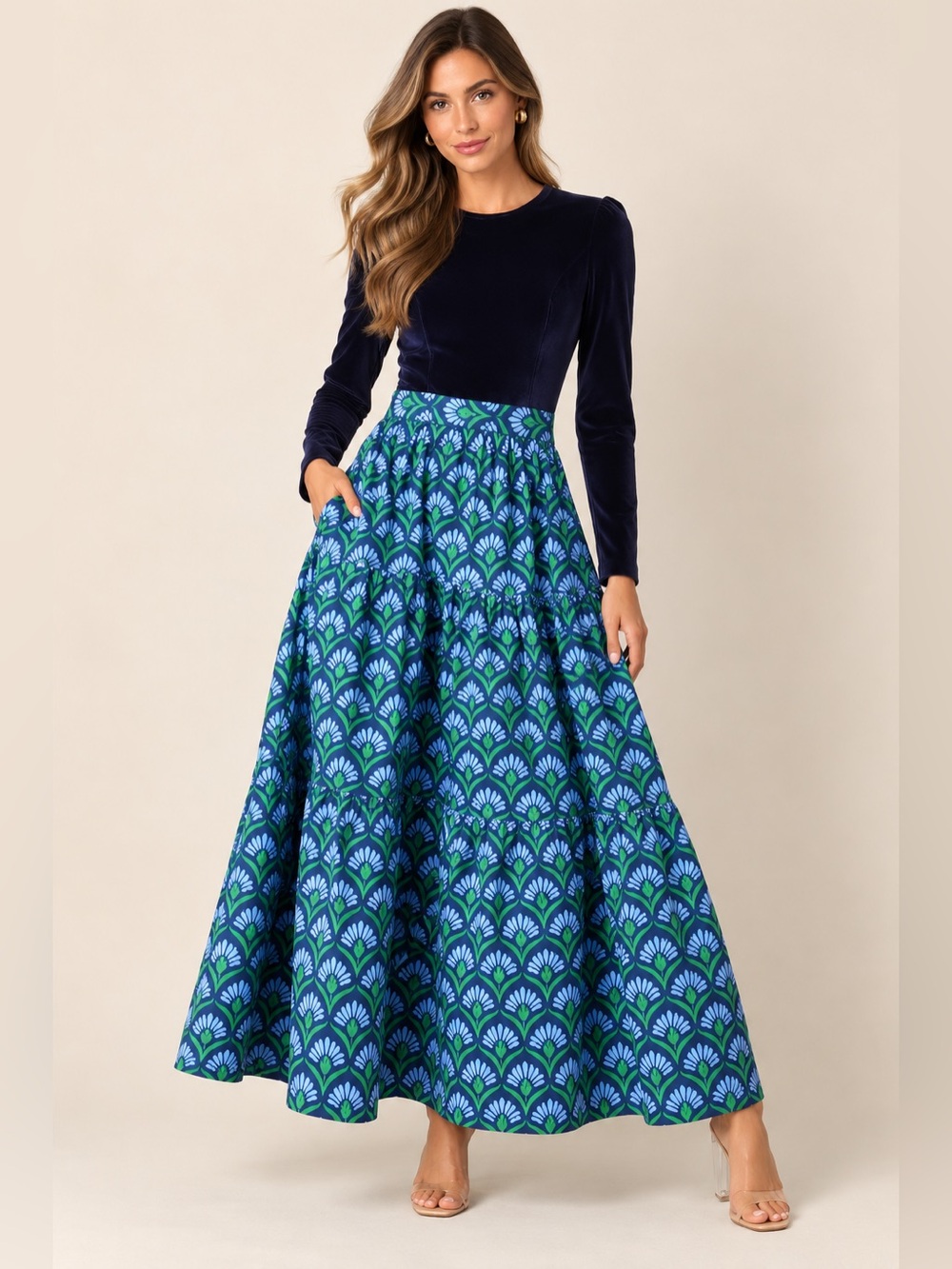 PROSPERINA Fontaine blue multi geometric print COTTON maxi dress